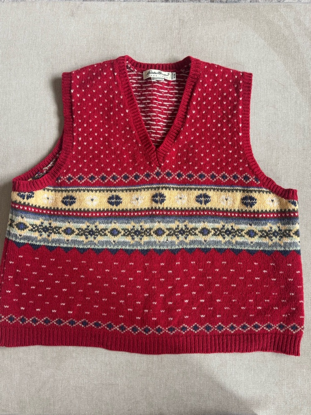 Eddie Bauer Vintage Fair Isle Wool Sweater Vest Red Nordic Grandpa Preppy